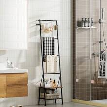 Blanket Ladder With Shelf, Blanket Rack Stand For Living Room, Standing Towel Racks For Bathroom, Freestanding Blanket Holder Rack With Shelf, Rustic Brown - 棕色 - 查看 3