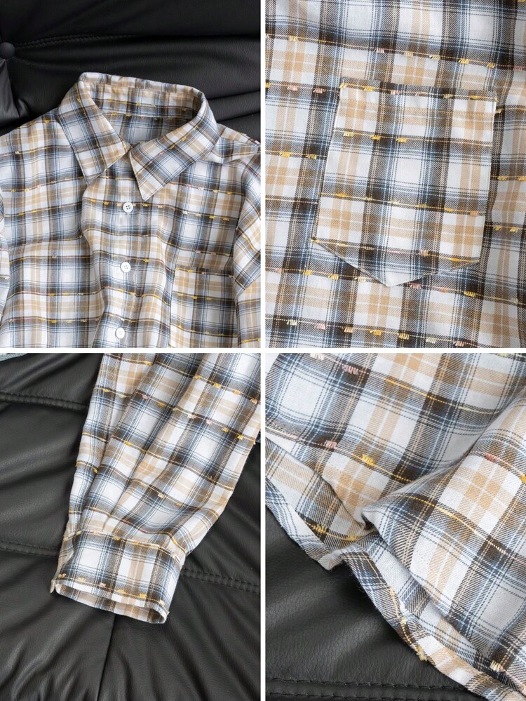 休闲日式格子衬衫，女士秋冬外套，宽松修身领口长袖上衣，质地独特，轻盈防晒 - 咖色 - 查看 7