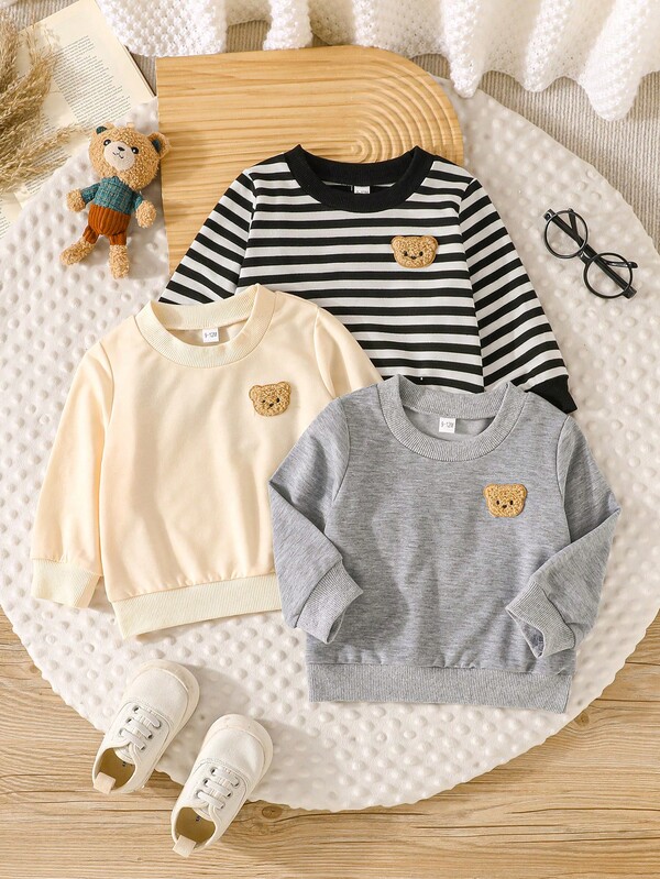 3pcs/Set Toddler Boys' Fashion Minimalist New Style, Bear Graphic, Black & White Striped, Solid Color Sweatshirt Multi-Piece Set, Children Winter Clothes, Infant Baby Boy Outfits