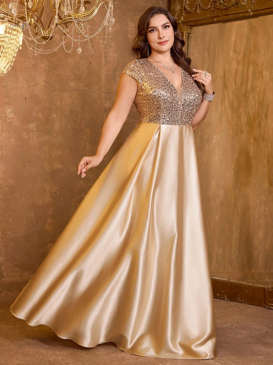 XUIBOL 亮片和缎子拼布 V 领 A 字裙，正式优雅大码女式晚礼服（重彩装饰）舞会婚礼宾客礼服，适合毕业典礼、晚宴