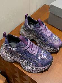 2025春秋季女士水钻厚底运动鞋，时尚高帮休闲跑步鞋 - 紫色 - 查看 3