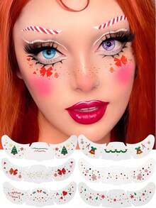 6张圣诞雀斑脸部临时纹身贴纸，图案包括圣诞树、蝴蝶结、姜饼人、铃铛，可爱防水，适合圣诞派对、音乐节、圣诞精灵、圣诞老人角色扮演等场合。 - 彩色 - 查看 9