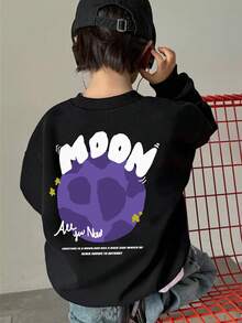 Sudadera con capucha de felpa con cuello redondo y estampado gráfico de luna morada para adolescentes, de estilo casual y lindo