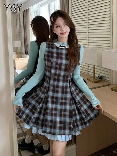  [Y6Y] 一件蓝色和棕色格子下摆拼布无袖连衣裙 | 甜美学院风连衣裙
