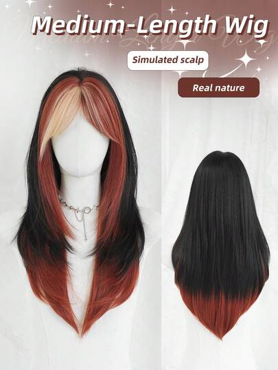 24-Inch Brown Highlight Orange Medium-Length Straight Wig With Certain Bangs For Women, Soft Heat-Resistant Fiber Full Machine Synthetic Layered Hair Wigs For Daily Wear Music Festivals Celebrations, Graduation Gift & Mother's Gift