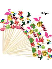 100支热带主题鸡尾酒签，4.7英寸，夏威夷主题，芙蓉火烈鸟图案，水果甜点签，开胃菜签，适用于饮品、夏威夷风情派对、海滩派对装饰、夏季主题派对用品