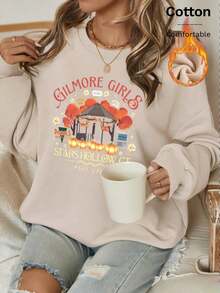 Halloween Theme Women's Sweatshirt With Fleece Lining, Featuring Starry Sky Pattern, Pumpkin Lantern And Leaf Print, Made Of Soft Cotton Fabric In Loose Fit, Warm And Cozy. Suitable For Winter Wear, Creating A Comfortable And Warm Atmosphere, Ideal For Casual Looks, Romantic Sunset Dates, Valentine's Day, As Well As Commuting, Business, Vacation, Back To School And Other Occasions