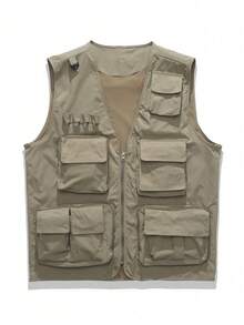 Men's Outdoor Multi-Pocket Utility Vest, Lightweight Breathable Tactical Gilet With Zipper Pockets, Large Storage Sleeveless Jacket For Fishing - Khaki - View 2