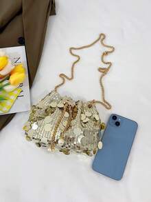 1pc Fashionable Metallic Sequin Design Women's Evening Clutch Bag With Chain Strap,Crossbody Shoulder Bag Suitable For Summer Women's Party, Gathering, Photo Shooting, Festival Gifts, Popular Brand Women Handbag - Multicolor - View 9