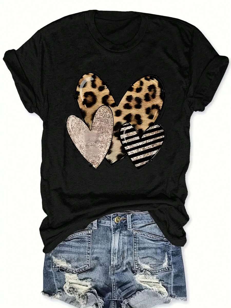Camisetas femininas,Women's Casual Heart Print T-Shirt - Crew Neck, Short Sleeve, 100% Cotton, Machine Washable, Ladies T Shirts, Leisure Style, aLL/Global/all Tee For adult, Men, Women, Teen, Teenager, adolescent, Youth - Preto - Ver 1