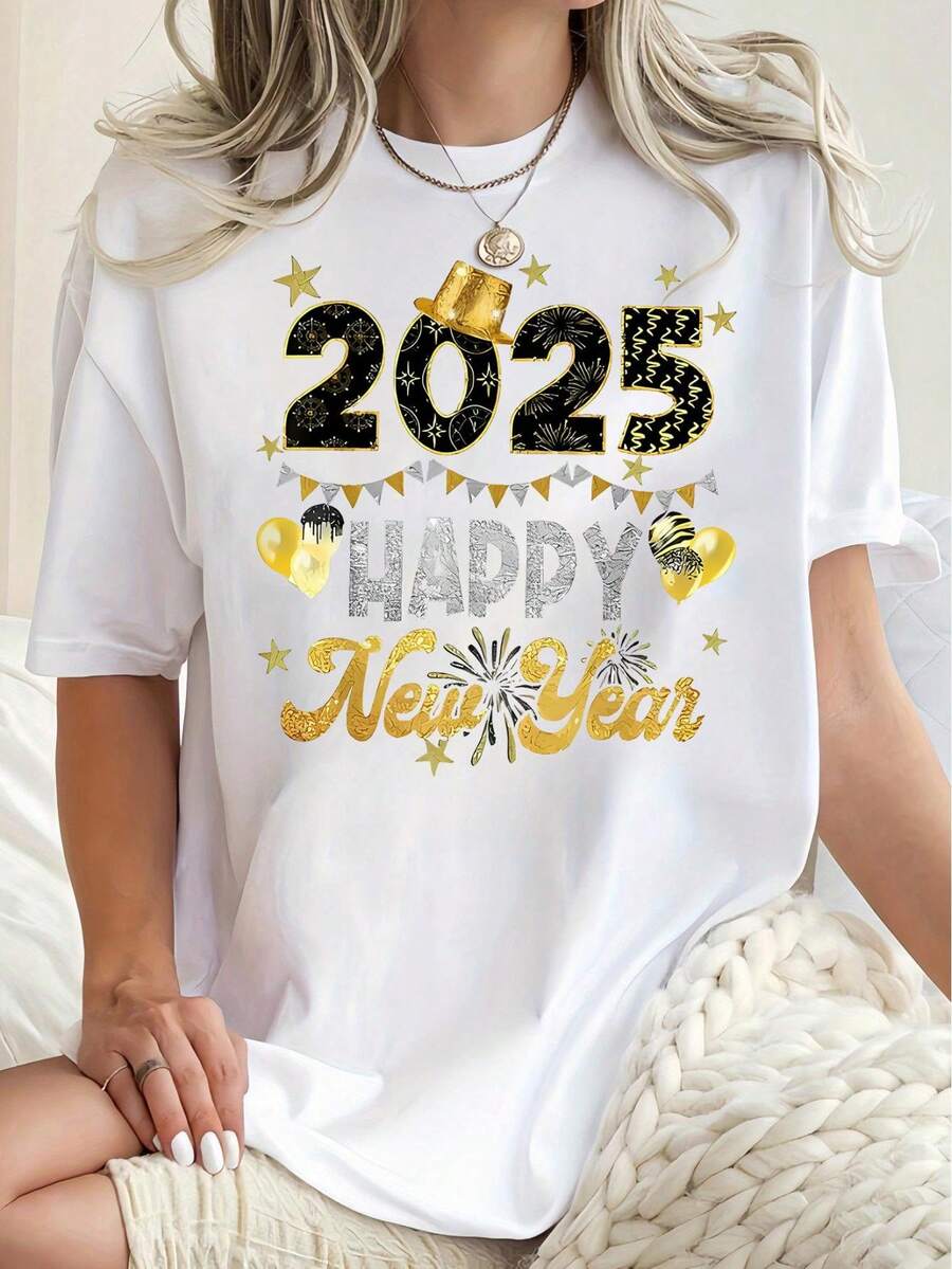 Camisetas femininas,Happy New Year 2025" Golden Letter Print Women's T-Shirt - Casual Crew Neck, Short Sleeve, Stretchy 100%Cotton , Machine Washable - Perfect for Spring & Summer - Branco - Ver 1