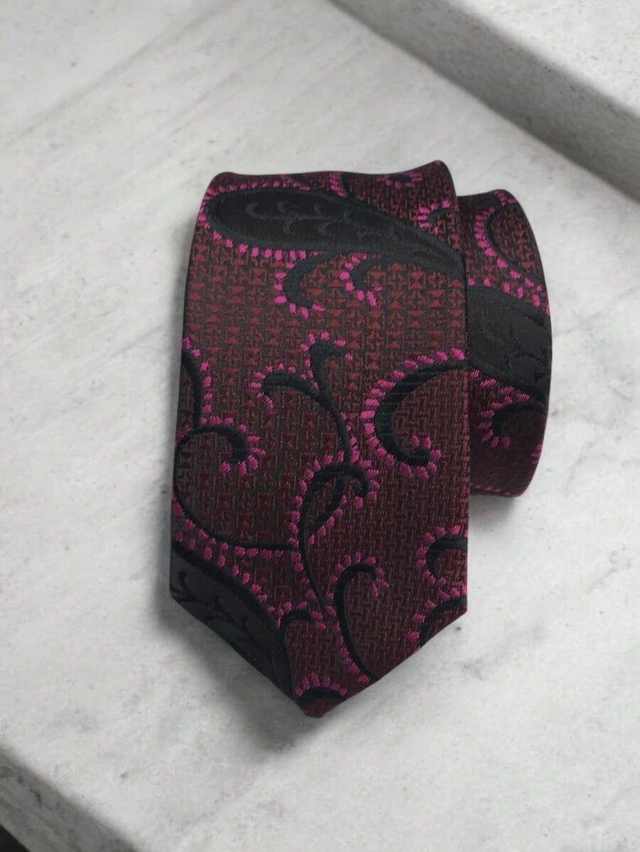 Luxury Men's Skinny Ties Polyester Silk Solid Polka Dot Striped Check Skinny Jacquard Groomsman Tie - 深粉 - 查看 1