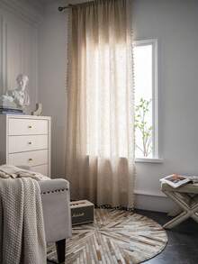 MineLain 1pc Boho Plain Color Linen Tassel Window Curtain, Semi-Blackout Washable Rod Pocket Curtain Panel For Room Divider, Kitchen, Easy Install, Home Decor For Bedroom, Study, Balcony, Living Room, Bay Window - Apricot - View 22