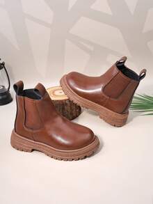 1 Pair Brown Toddler/Kids Ankle Boots, Soft Leather + Elastic Fabric Combo, Side Zipper, Round Toe, Non-Slip Soft Sole, Fashionable & Cute Chelsea Style, Suitable For Boys & Girls Casual, School, Holiday Wear, Autumn/Winter - Brown - View 5