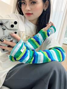 1双女士柔软条纹宽松防晒冰丝手套，驾驶/骑行/高尔夫手臂保护袖，夏季清凉 - 彩色 - 查看 8