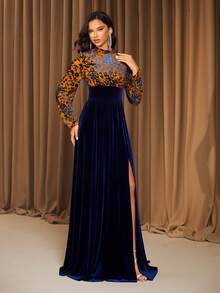 海军蓝色提花领长袖天鹅绒拼布优雅派对晚礼服