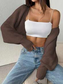 New Arrival Casual Ribbed Solid Color Knit Cardigan Sweater, Short Style Long Sleeve Top For Women - Brown - View 4