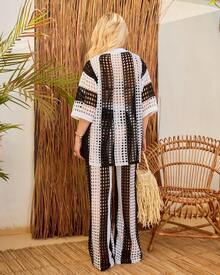 Premium Striped Beach Cover-Up Set With Jacket And Pants - Black - View 2