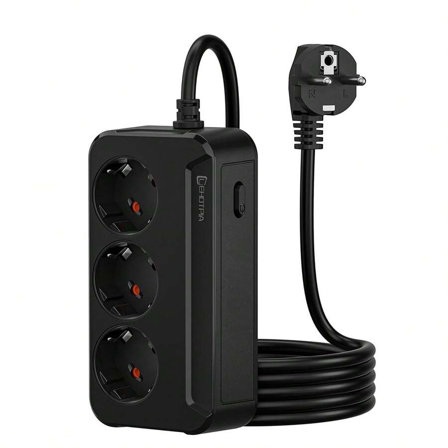 1pc Vertical Compact Schuko Power Strip, 3 German Standard Outlets, 2500W HighPower Extension Cord With One-Touch Switch, Space Saving Desktop Socket ForHome Office