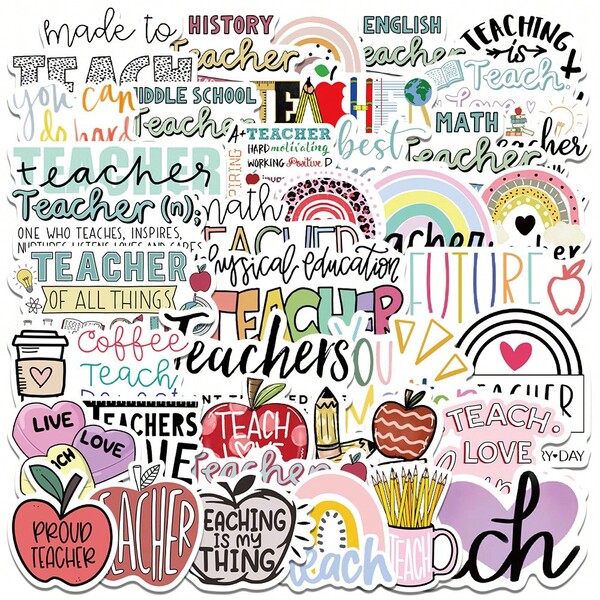 50pcs Teacher Stickers Teacher's Day Cartoon Graffiti Stickers Teacher Gifts Reward Stickers Vinyl Waterproof Stickers For Water Bottle, Hydroflask, Guitar, Luggage, Phone, Case, Laptop, Skateboard, Gift
