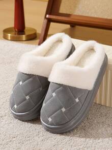 New Plush Slippers With Thick Sole, Warm & Anti-Slip, Autumn/Winter Fluffy Slippers For Women & Men - Grey - View 8