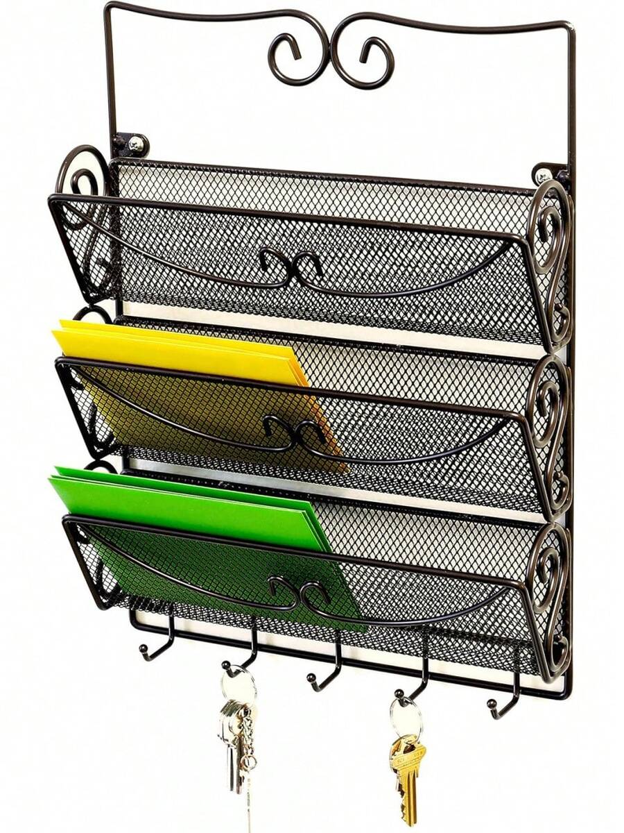 Deco Brothers Wall Mail Organizer With 5 Key Holder, 3 Tier, Bronze - 1 - View 1