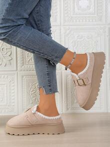 Botas de nieve para mujer cómodas con puntera cerrada/hebilla/cordones/suela gruesa y cálida, pantuflas con forro térmico para uso en interiores y exteriores en invierno