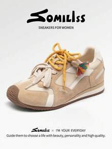 somiliss Women's Casual Sneakers With Hidden Wedge Heel, Fashion Lace-Up Bicolor Soft Bottom Trainers, Comfortable For Commuting And Daily Wear, Apricot Color - Apricot - View 3