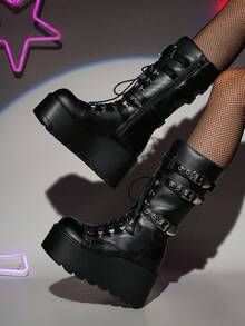 女式圆头朋克金属孔眼系带厚底靴，侧拉链过膝靴，时尚派对装，及膝靴，系带靴，秋季，秋冬 - 黑色 - 查看 1