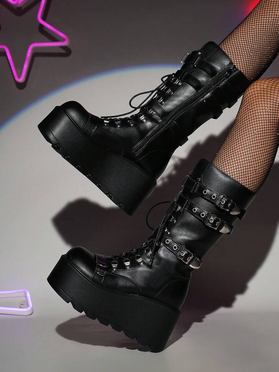 女式圆头朋克金属孔眼系带厚底靴，侧拉链过膝靴，时尚派对装，及膝靴，系带靴，秋季，秋冬 - 黑色 - 查看 1