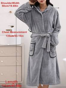 Women's Hooded Bathrobe, Solid Color Coral Fleece Long Robe With Pockets & Belt, Cozy Plush Absorbent Winter Dressing Gown Loungewear, Perfect For Daily Home Wear, Wedding Anniversary Bridal Shower Bachelorette Party, Home Bathroom Hotel Pool Spa Sauna - Gray Appliquéd Bathrobe - View 10