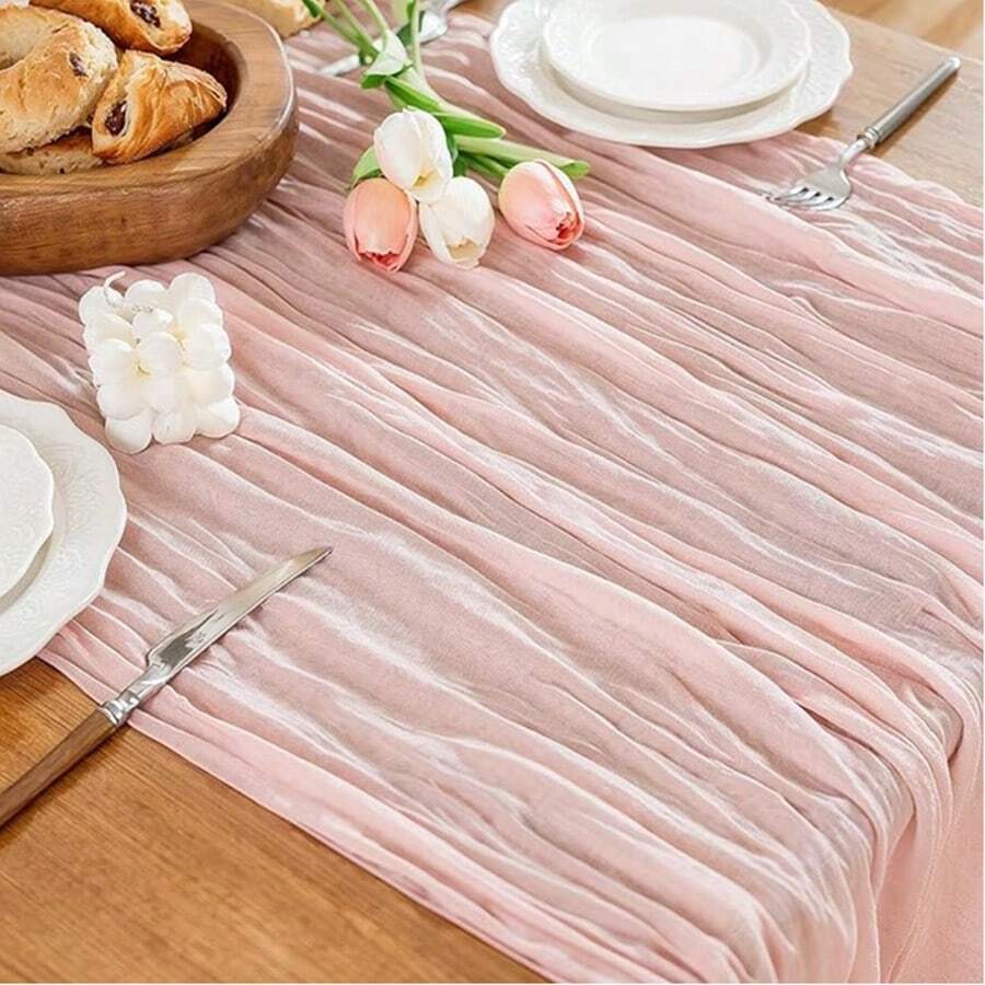 10ft Solid Color Pleated Bohemian Style Cheese Cloth Table Runner, Gray-Pink, 1pc - وردي - مشاهدة 1