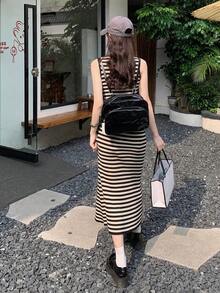 女士休闲条纹侧抽绳无袖针织连衣裙，春夏 - 黑與白 - 查看 2