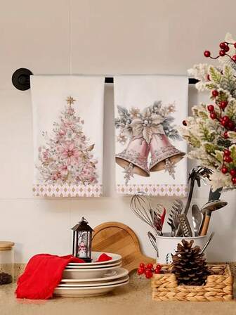 2 piezas/4 piezas/12 piezas Toallas de cocina con estampado de campanas navideñas, toallas de baño con estampado de árbol de Navidad, toallas para fiestas navideñas al aire libre, decoración navideña para el hogar, decoración navideña de cocina, estilo moderno, secado rápido, material de microfibra súper suave, rectangular, 15.75IN*23.62IN/40*60CM con estampado digital, adecuado para decoración de fiestas al aire libre, regalos navideños
