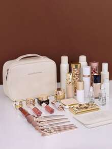 大容量防水旅行化妆包，便携式化妆品收纳包，带可拆卸隔层，整齐收纳化妆品，小巧手持化妆盒，旅行洗漱用品收纳包，必备礼品，拉链配件，美甲，旅行必备，旅行，情人节，房间装饰，钱包必备，女士化妆包，钱包必备物品，邮轮必备，设计师手提包，基础款，梳妆台必备，房间，可爱化妆包 - 米色 - 查看 5