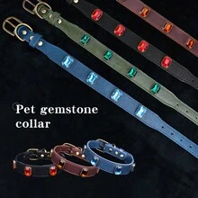 宠物狗项圈、猫项圈、带宝石的黑色 PU 皮革项圈、合金锌针钩、5 孔可调节、黑色狗项圈。 - 棕色 - 查看 6