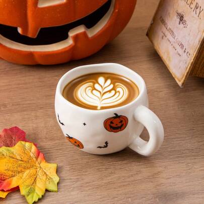 1 件万圣节咖啡杯，手工制作的不对称陶瓷杯，带有南瓜和蝙蝠设计，秋季可爱南瓜抹茶杯茶杯，用于茶咖啡牛奶浓缩咖啡抹茶拿铁，非常适合感恩节和万圣节派对装饰和礼物，220 毫升/7.4 盎司