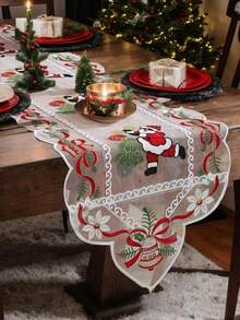1 buc. Șervețel de masă de Crăciun cu panglici florale, clopoței de Crăciun, brazi de Crăciun și design cu Moș Crăciun - țesătură din plasă de poliester, decor de sărbători roșu și alb - potrivit pentru bucătării, sufragerii, petreceri, Crăciun, utilizare în interior/exterior - disponibile în mai multe dimensiuni - decor de masă de Crăciun