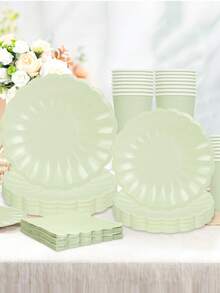 10 pièces Fournitures de fête vert clair à bord festonné. Assiettes en papier vert sauge, serviettes de cocktail, tasses, ensemble de vaisselle. paquets de fête pour mariage, baby shower, pique-nique, anniversaire, décorations
