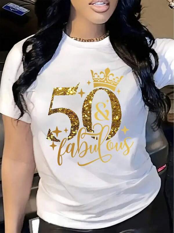 Women's T-Shirt With 50 & Fabulous Print, White 180g, Soft Cotton, Round Neck, Short Sleeves, Casual Fashion, Ideal For Birthdays And Celebrations, Youthful Style, Elegant Shine, Perfect 50th Birthday Gift.
