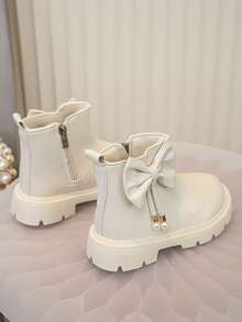 Girls' Solid Color Bow Pearl Design Outdoor Boots, Soft And Comfortable - Beige - View 3