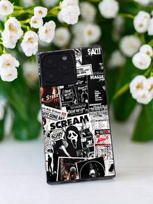1pc Horror Movie Posters Pattern High-Value Transparent IPhone 16 Pro Max Mobile Phone Case, Square Mobile Phone Case, Bright Surface Mobile Phone Case, Ice Crystal Cube Mobile Phone Case, Suitable For IPhone 12/13/14/15/16/Pro/Pro Max/Plus Mobile Phone Case - 黑色 - 查看 1