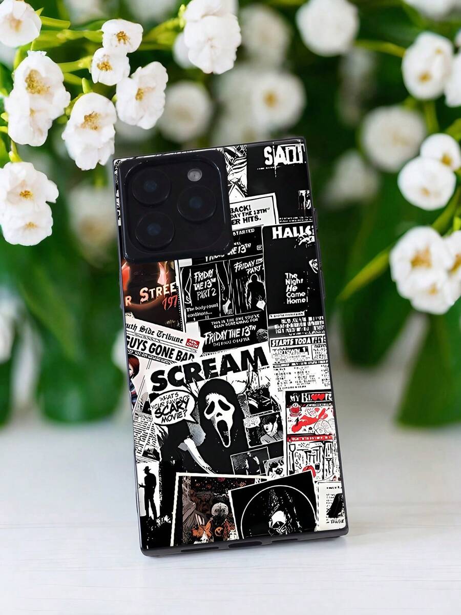 1pc Horror Movie Posters Pattern High-Value Transparent IPhone 16 Pro Max Mobile Phone Case, Square Mobile Phone Case, Bright Surface Mobile Phone Case, Ice Crystal Cube Mobile Phone Case, Suitable For IPhone 12/13/14/15/16/Pro/Pro Max/Plus Mobile Phone Case - 黑色 - 查看 1