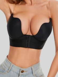 前开合无缝 U 罩杯性感提升乳沟舒适一体式日常文胸，配有可拆卸透明肩带 - 黑色 - 查看 3