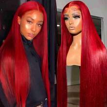 Eulisi Red Lace Front Wigs Human Hair 13x4 Straight Human Hair Wig Colored Red Transparent Lace Frontal Wigs Human Hair 150 Density Pre Plucked With Baby Hair Halloween Costumes - Red - View 2