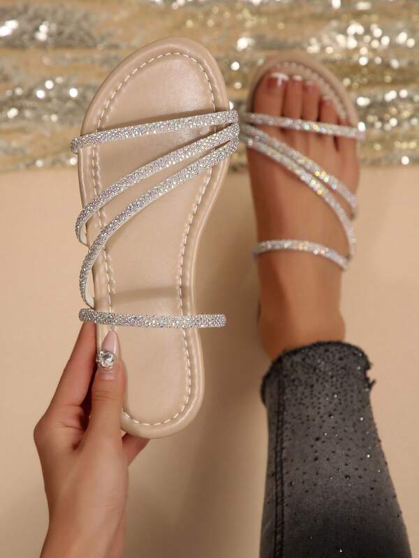 Damen Mode Kristall verzierte Flach Riemen Sandalen, geeignet für Dates, Einkaufen, Partys, Pendeln, Urlaub und lässige Freizeitkleidung Zuhause