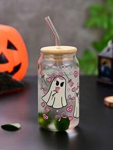 1pc Halloween Soda Cup High Borosilicate Glass Straw Cup Bamboo Lid Water Cup Heat Resistant Ins Style Glass Cup