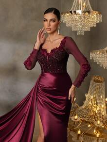 Faeriesty Floral Applique & Sequin Patchwork Ruffle Mermaid Hem Formal Dress - Burgundy - View 6