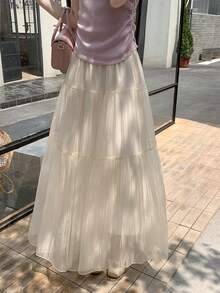 LuminousWealth 女士优雅纯色飘逸百褶A字裙，适合休闲或办公穿着，简约优雅 | 适合所有季节 春季 - 杏色 - 查看 4