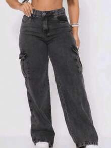 Women's Wideleg Cargo Graphite Jeans With Side Pocket - Black - View 4
